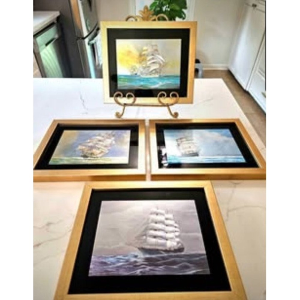 Set of 4 Vintage 1980s Dufex Foil Sailing Ship Prints in Gold Frames